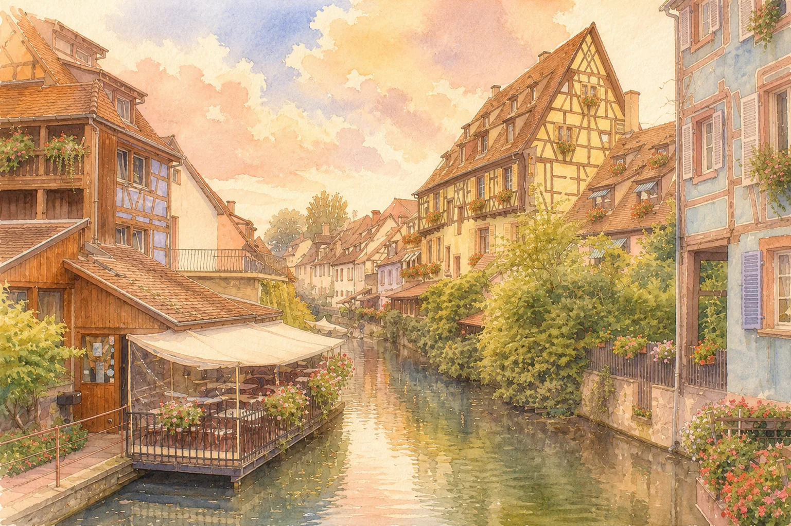 Colourful historic houses along the canal in Petite Venise, Colmar, Alsace